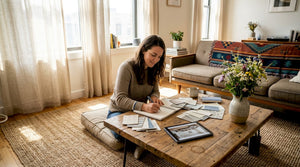 Woman planning unique home decor in living room