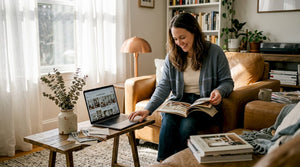Woman planning vintage decor with magazines and laptop