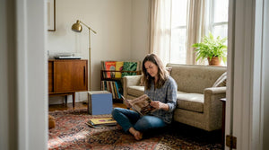 Sunlit vintage living room, woman reading magazine