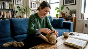 Person wrapping creative home gift on sofa