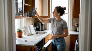 Woman storing unique modern glassware in kitchen