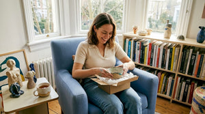 Art lover opening handmade decor gift at home