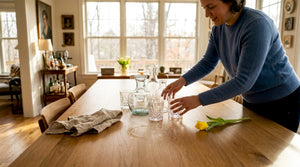 Person arranging luxury glassware on dining table