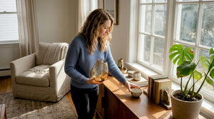 Woman selecting handmade decor in living room