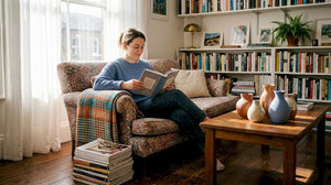 Woman reading in eclectic living room decor