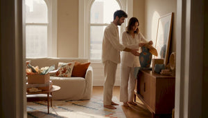 Couple arranging unique home gifts in living room