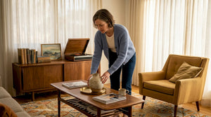 Woman arranging vase in vintage-inspired living room