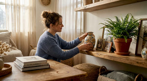 Daughter placing decor gift in home living room