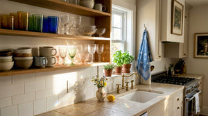 Home kitchen with colorful vintage glassware display