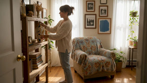 Placing decorative gift in cozy sunlit living room