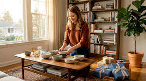 Arranging handmade gifts in stylish living room