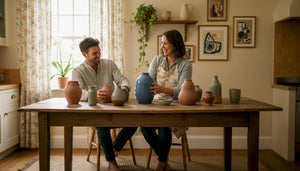 Couple arranging creative accessories in living room