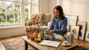 Woman arranging accessories in sunlit living room