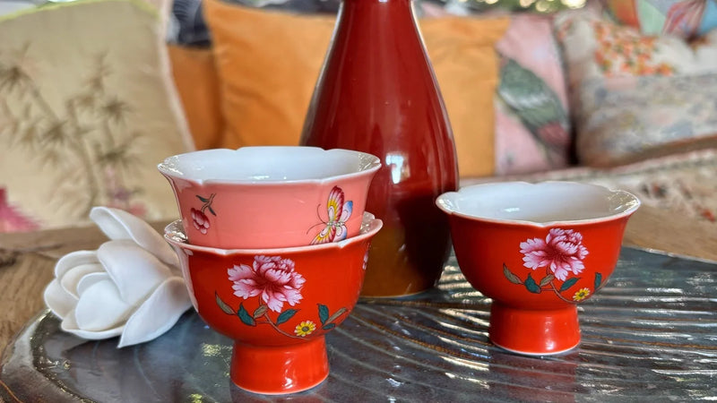 Porcelain Red Sake Set with 3 Delicate Hand Painted Floral Cups and Woven Basket-My House by Marine