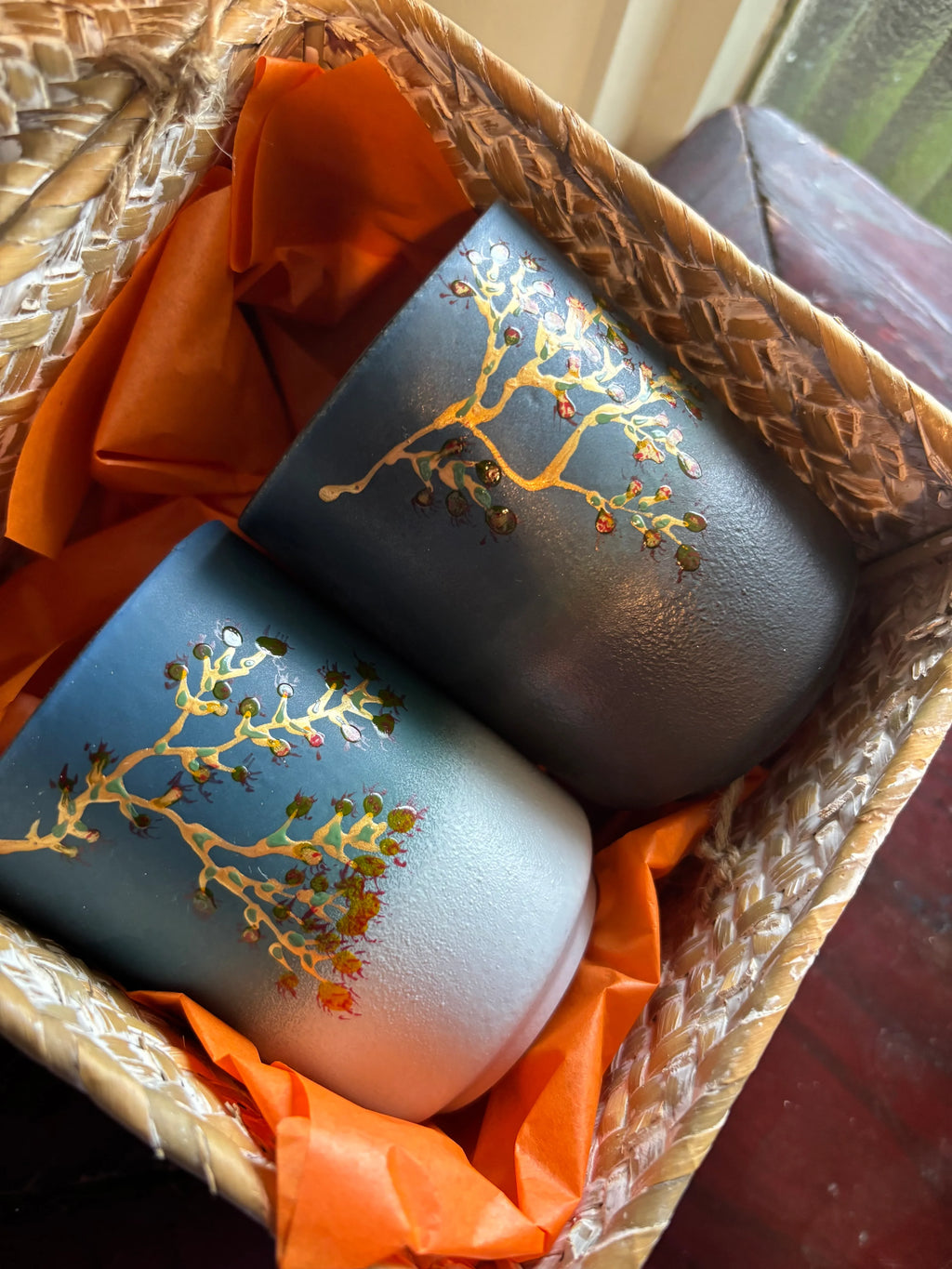 Hand Painted Japanese Ceramic Coffee and Tea Mug Set of 2 in Traditional Basket