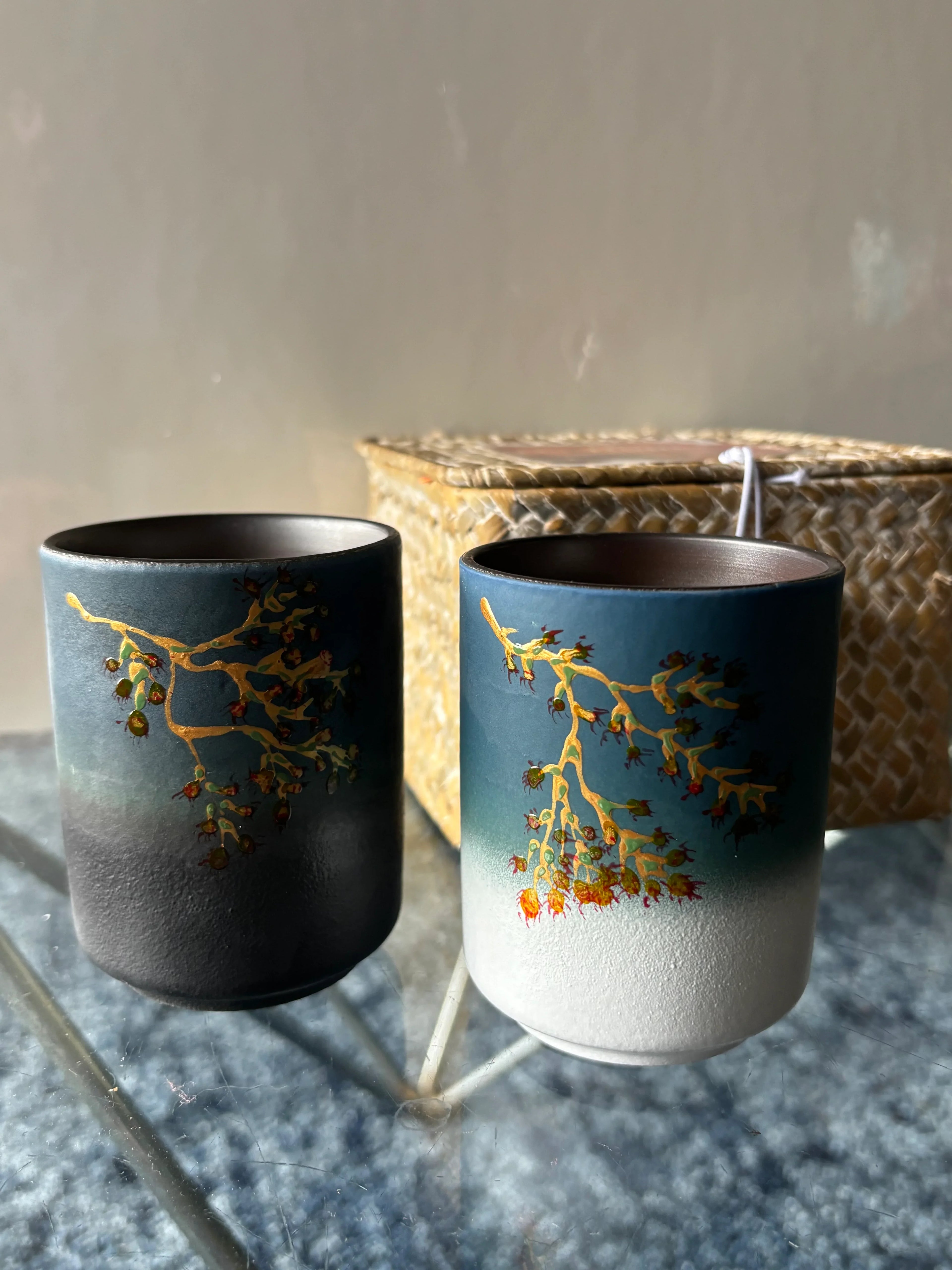 Hand Painted Japanese Ceramic Coffee and Tea Mug Set of 2 in Traditional Basket