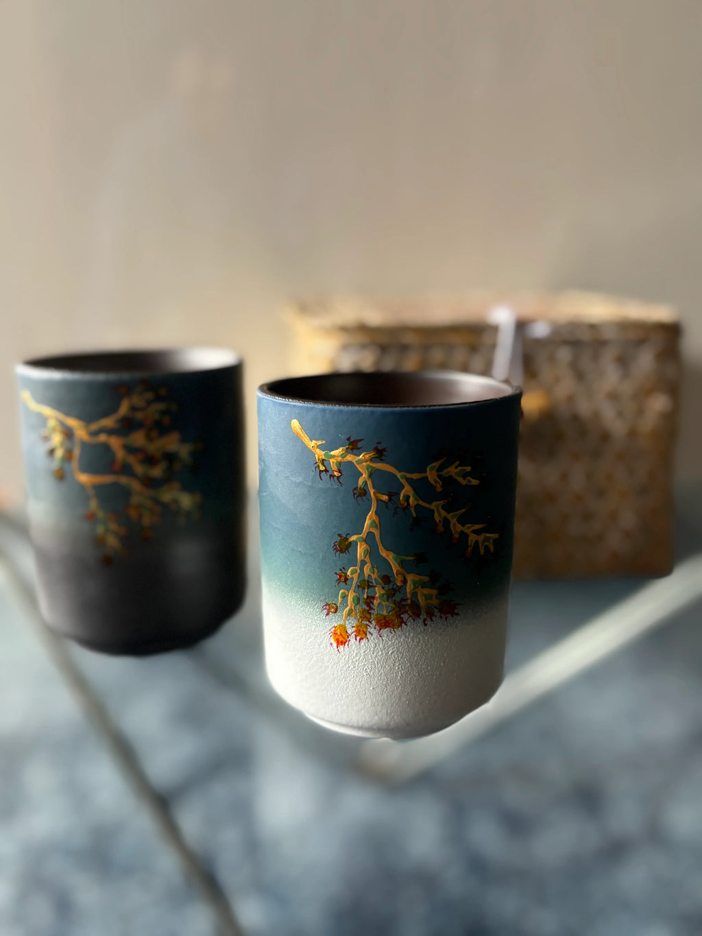 Hand Painted Japanese Ceramic Coffee and Tea Mug Set of 2 in Traditional Basket