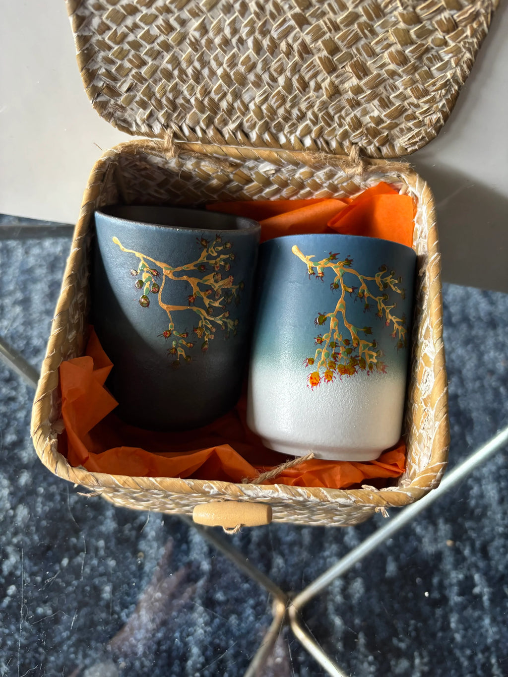 Hand Painted Japanese Ceramic Coffee and Tea Mug Set of 2 in Traditional Basket