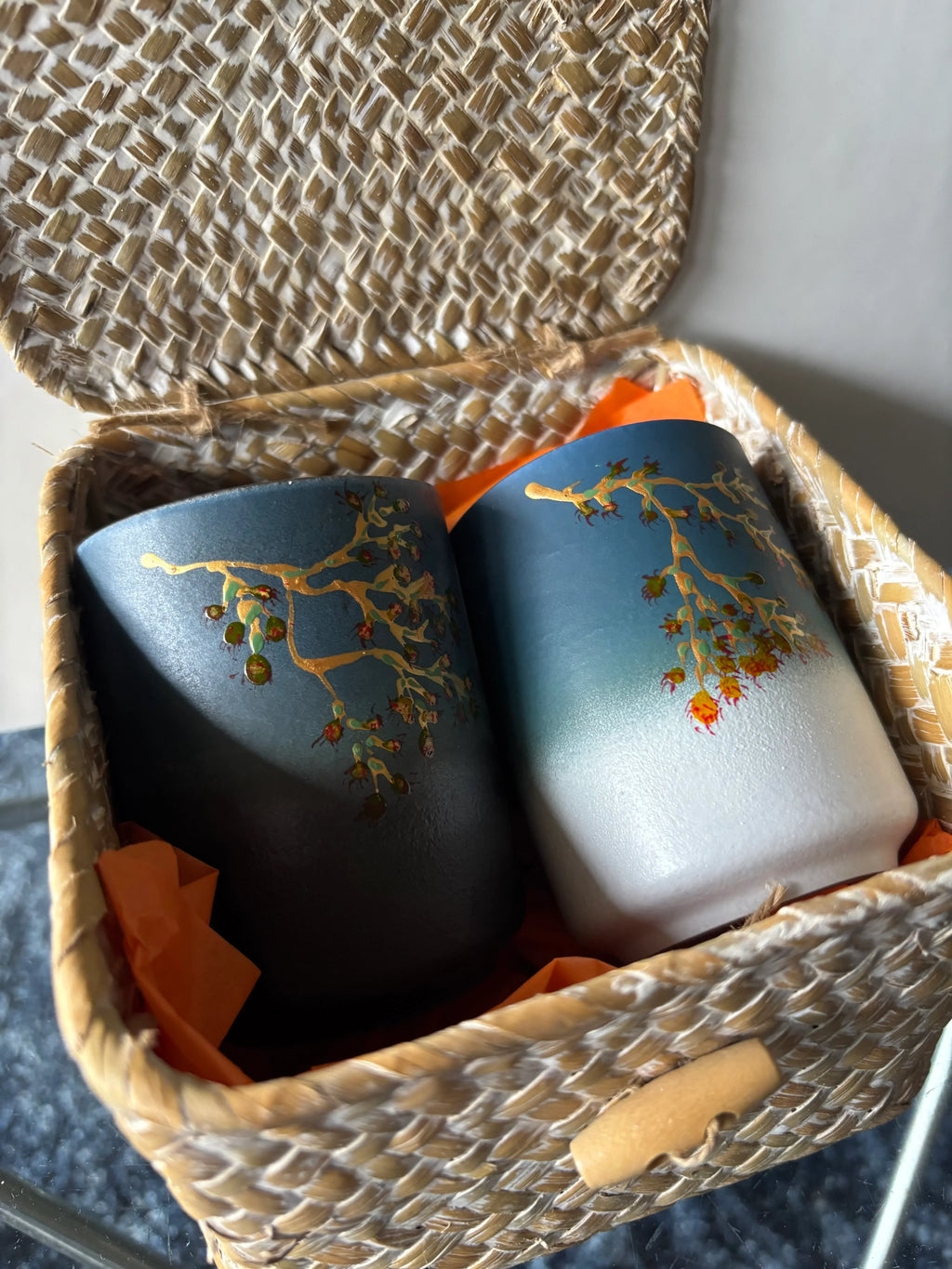 Hand Painted Japanese Ceramic Coffee and Tea Mug Set of 2 in Traditional Basket