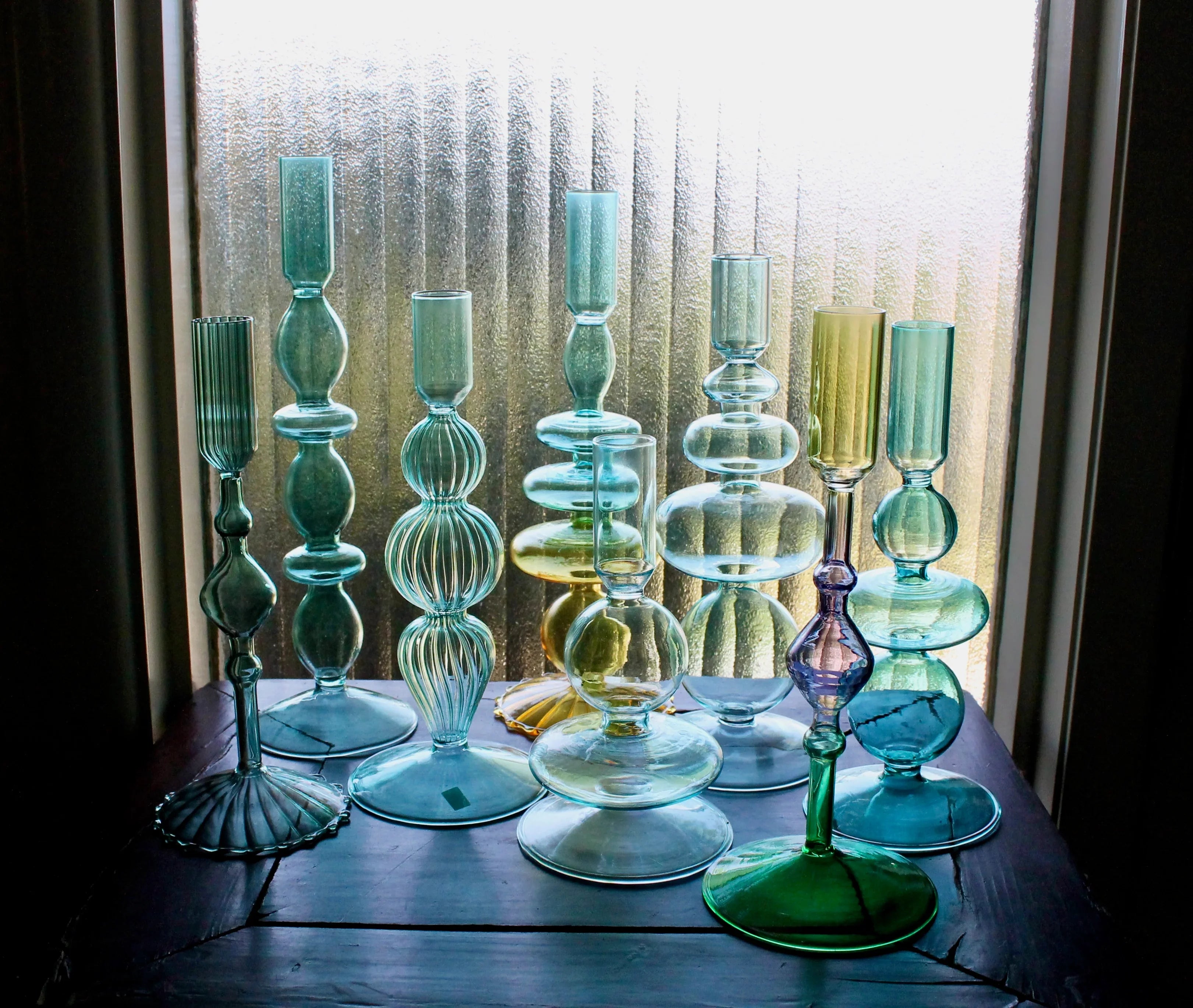 Turquoise & Green Glass Candelabra: Modern Coffee Table Centerpiece