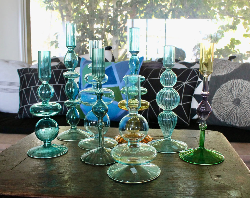 Turquoise & Green Glass Candelabra: Modern Coffee Table Centerpiece
