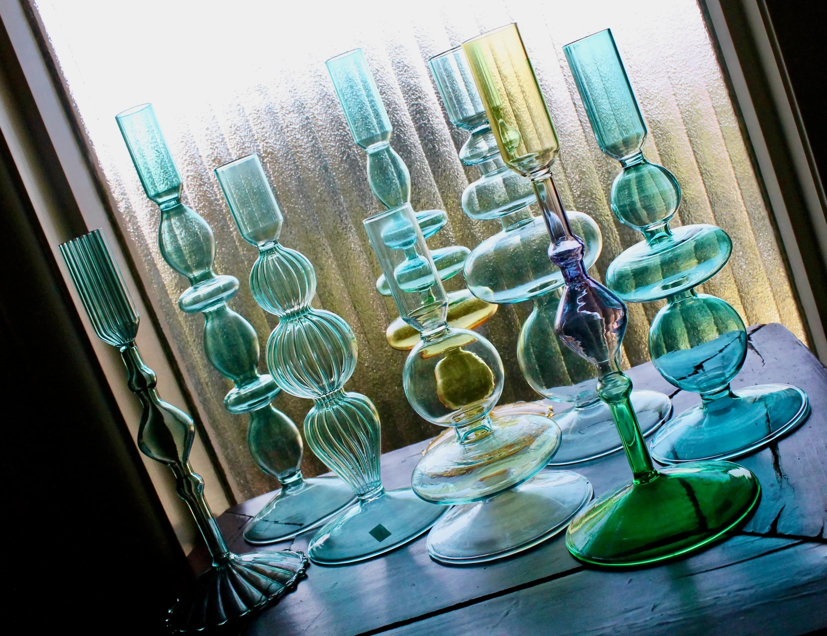 Turquoise & Green Glass Candelabra: Modern Coffee Table Centerpiece