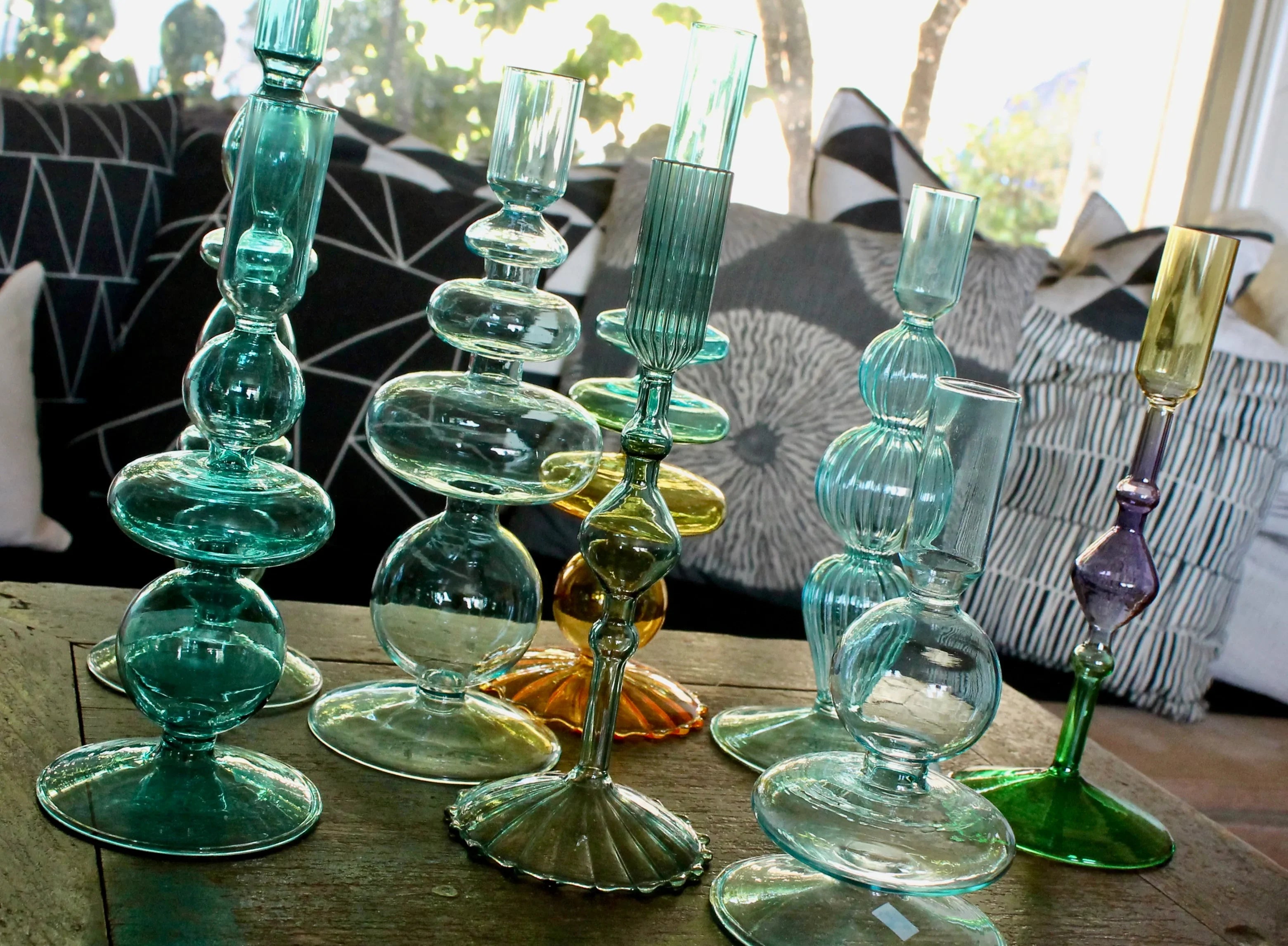 Turquoise & Green Glass Candelabra: Modern Coffee Table Centerpiece