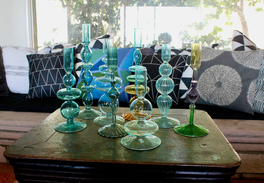 Turquoise & Green Glass Candelabra: Modern Coffee Table Centerpiece