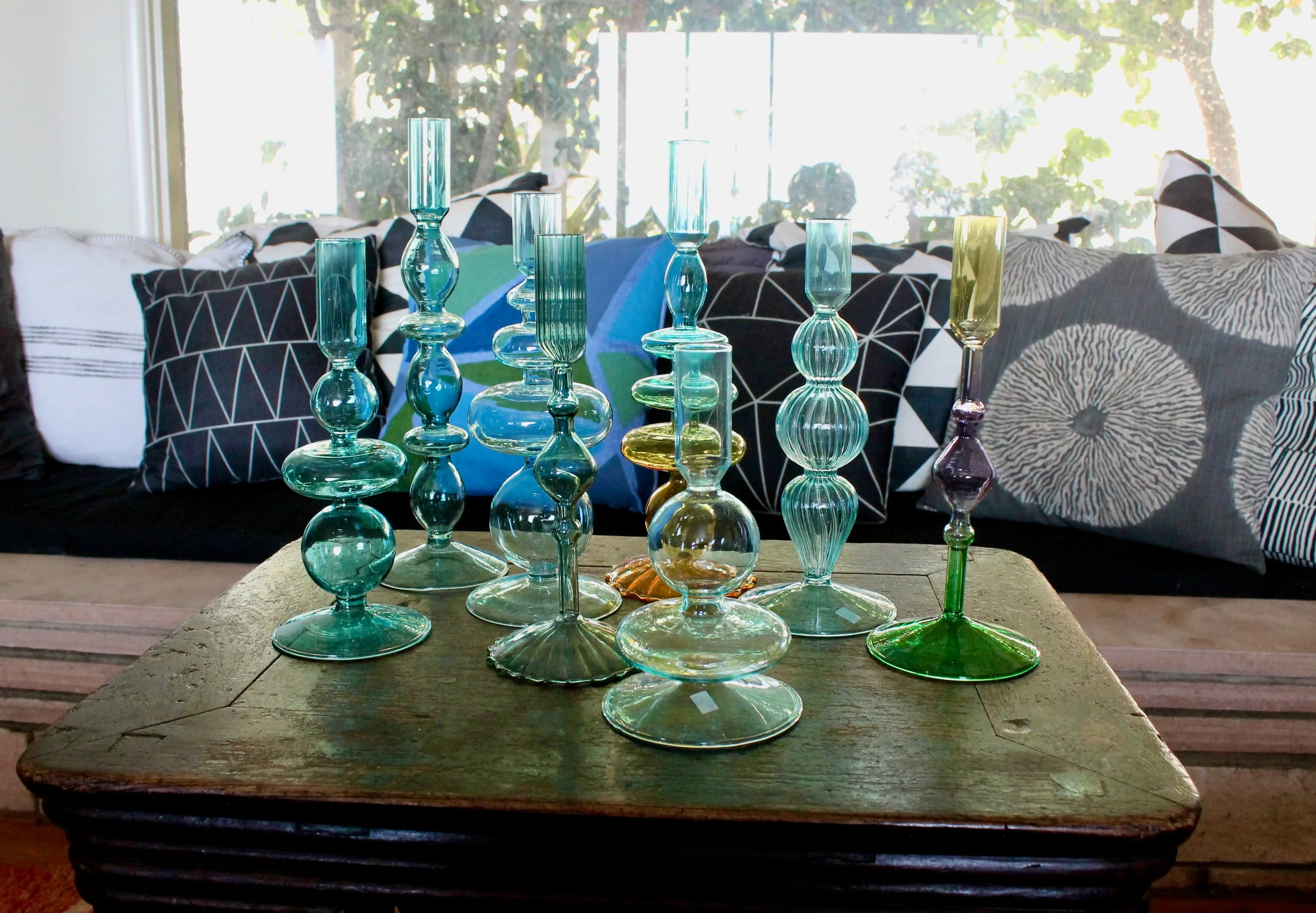 Turquoise & Green Glass Candelabra: Modern Coffee Table Centerpiece