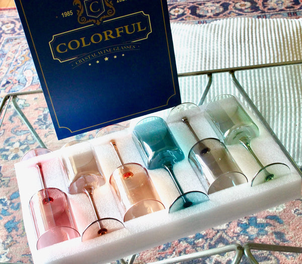 Hand Blown Crystal Wine Glass Set: Modern Colored Stemware, Set of 6-My House by Marine