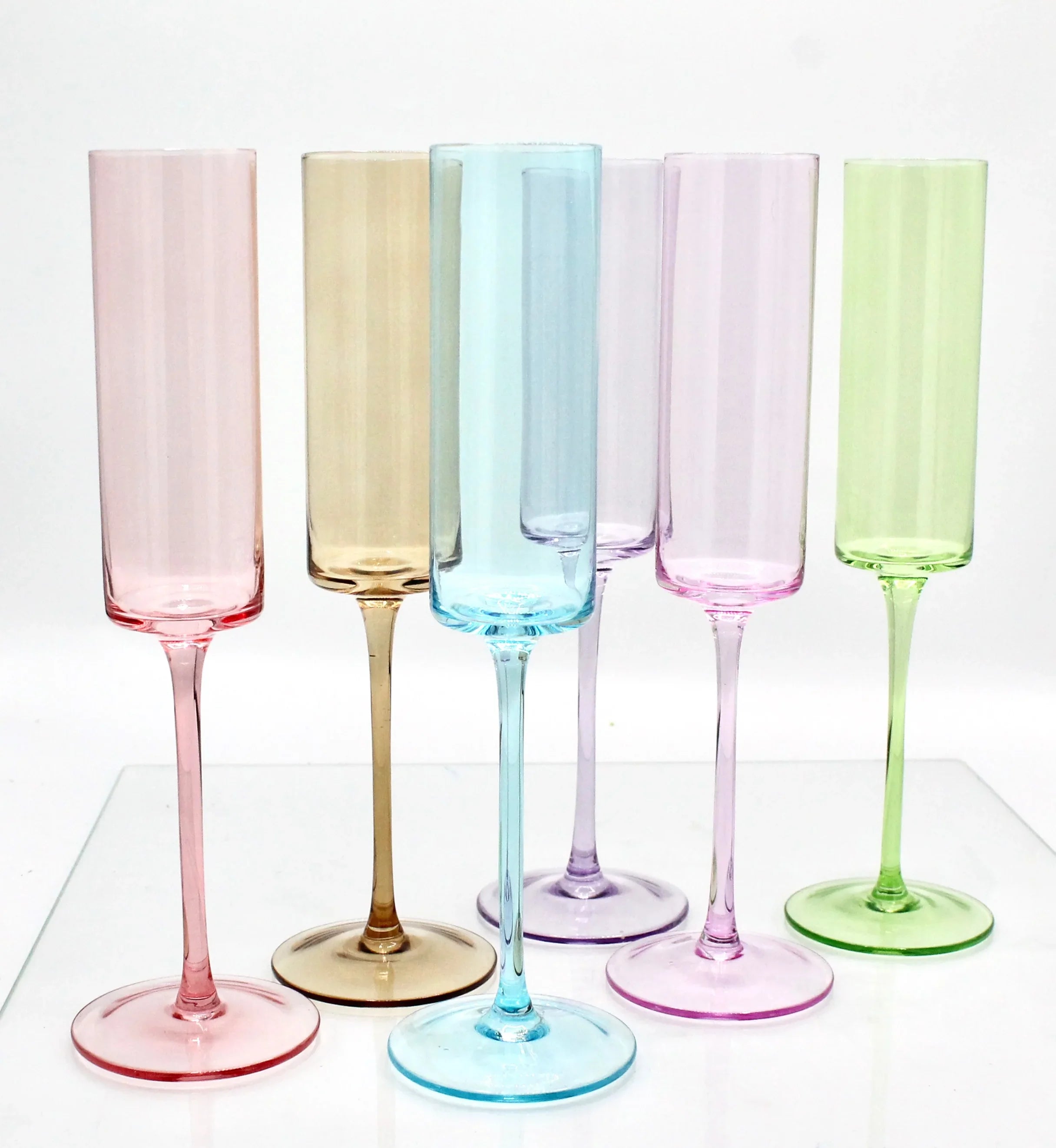 Pastel Colored Champagne Hand-blown Crystal Stemware Set of 6 flutes for Celebrations