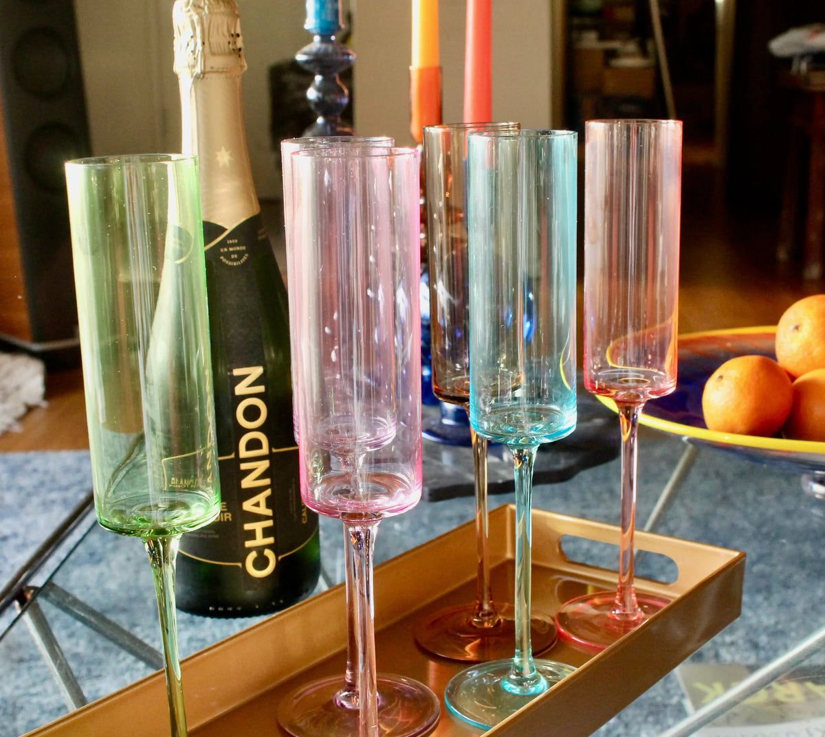 Pastel Colored Champagne Hand-blown Crystal Stemware Set of 6 flutes for Celebrations-My House by Marine