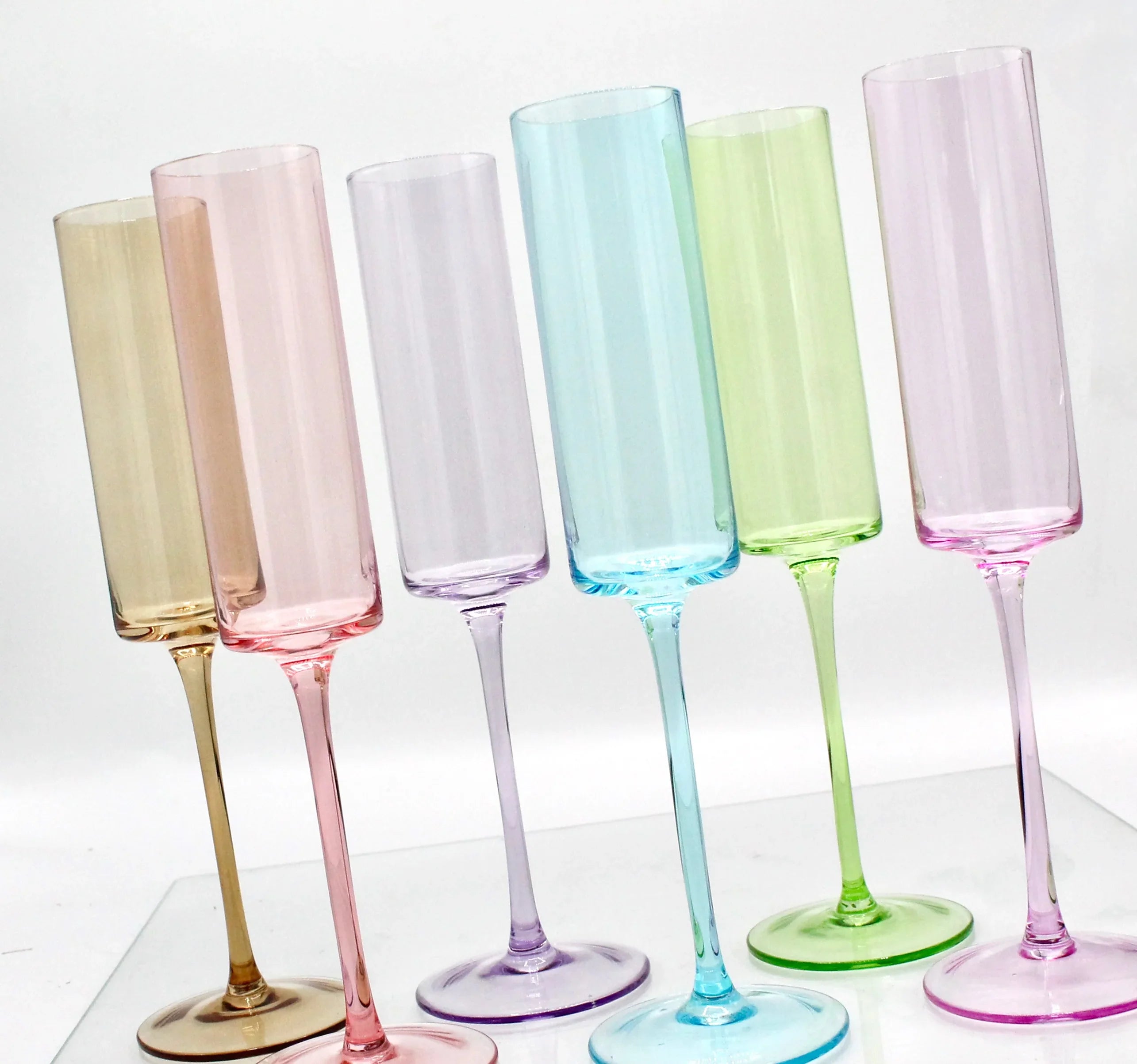 Pastel Colored Champagne Hand-blown Crystal Stemware Set of 6 flutes for Celebrations