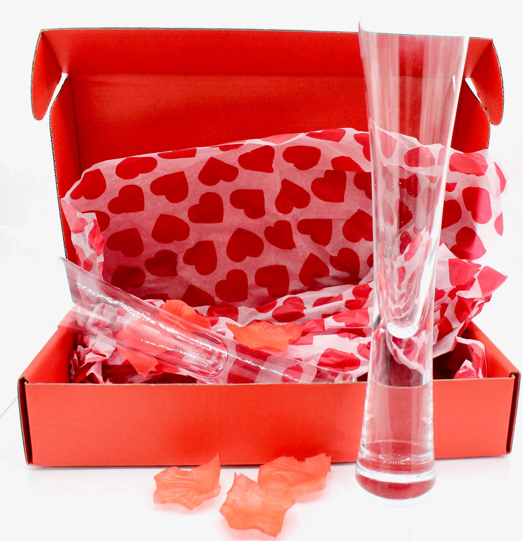 Romantic Hand-Blown Crystal Champagne Flutes Set with Rose Petals in Elegant Red Box