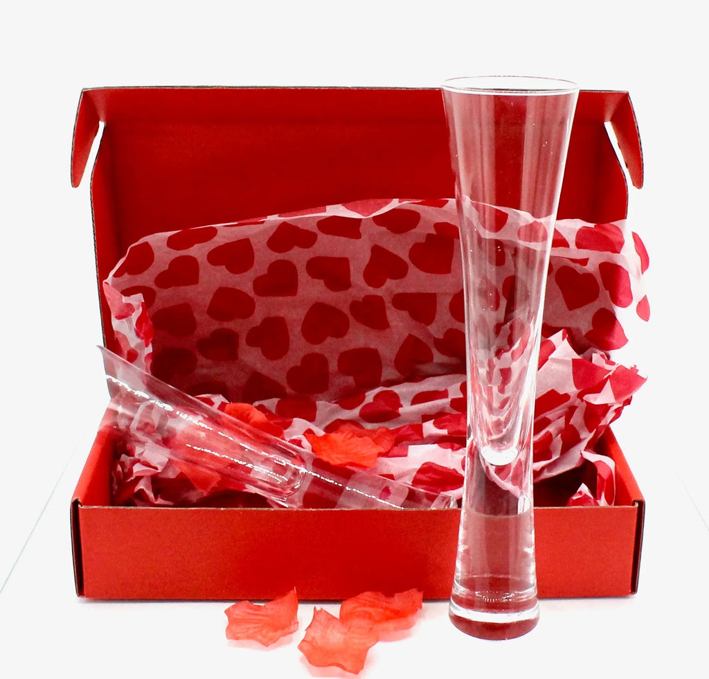 Romantic Hand-Blown Crystal Champagne Flutes Set with Rose Petals in Elegant Red Box