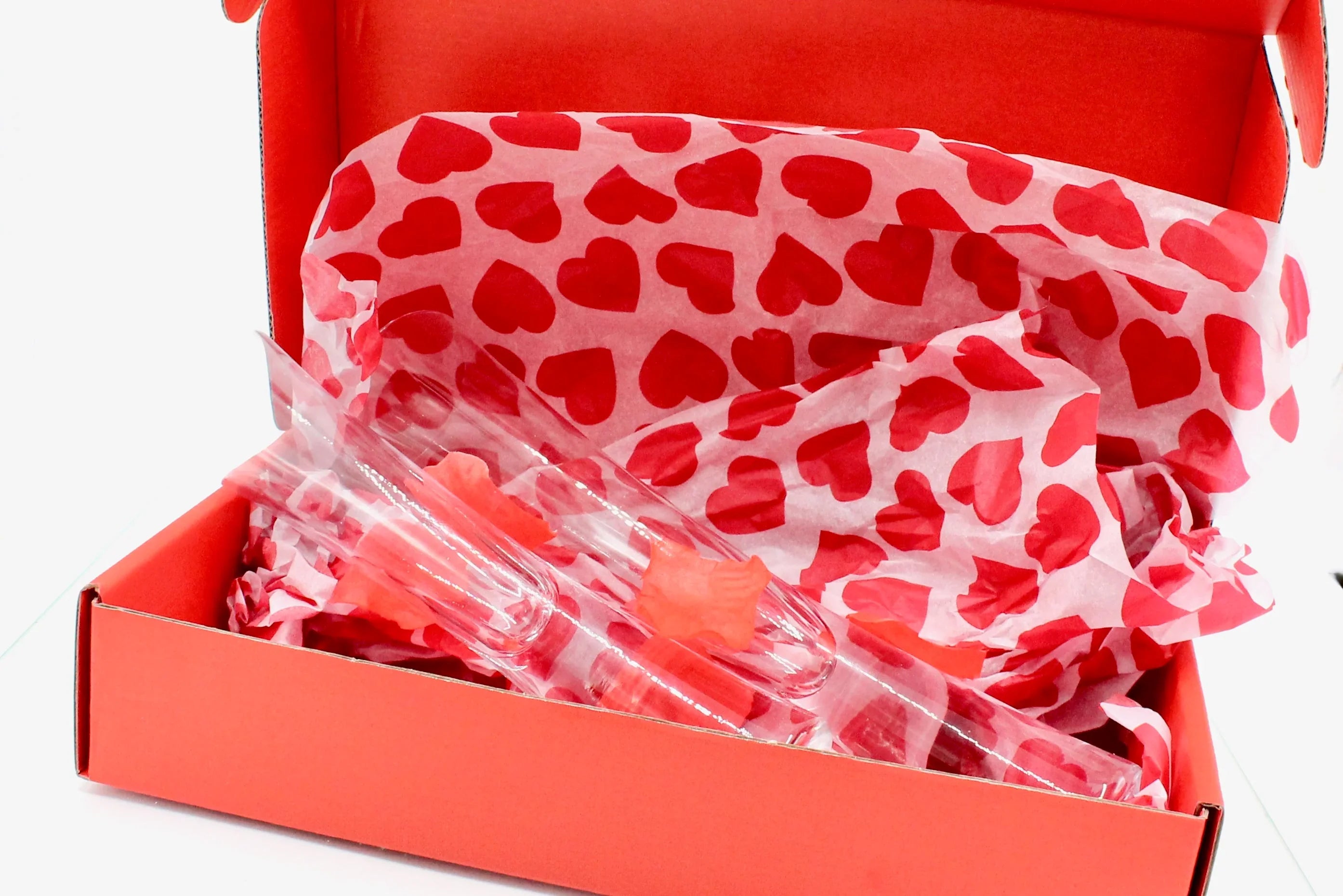 Romantic Hand-Blown Crystal Champagne Flutes Set with Rose Petals in Elegant Red Box