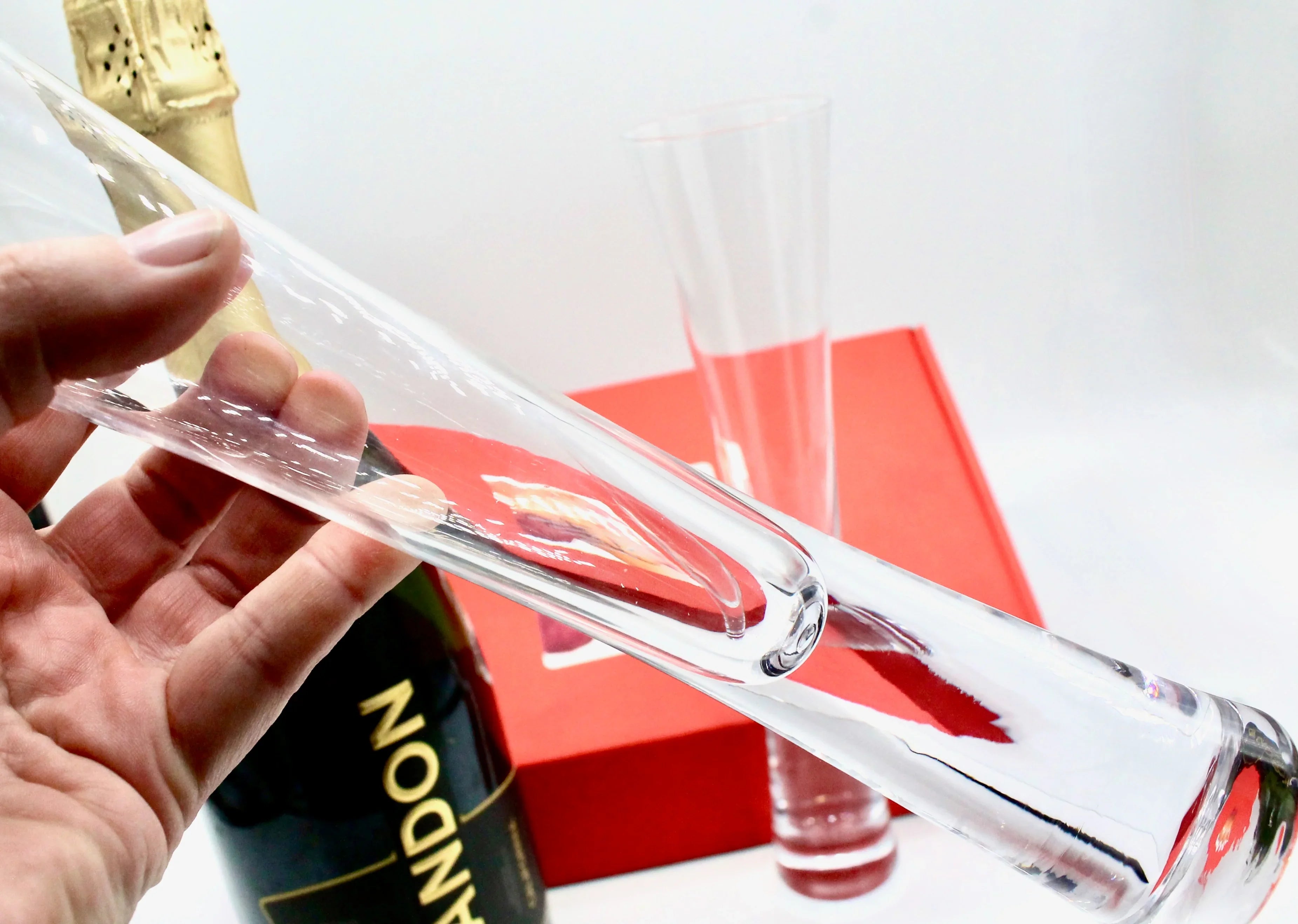 Romantic Hand-Blown Crystal Champagne Flutes Set with Rose Petals in Elegant Red Box