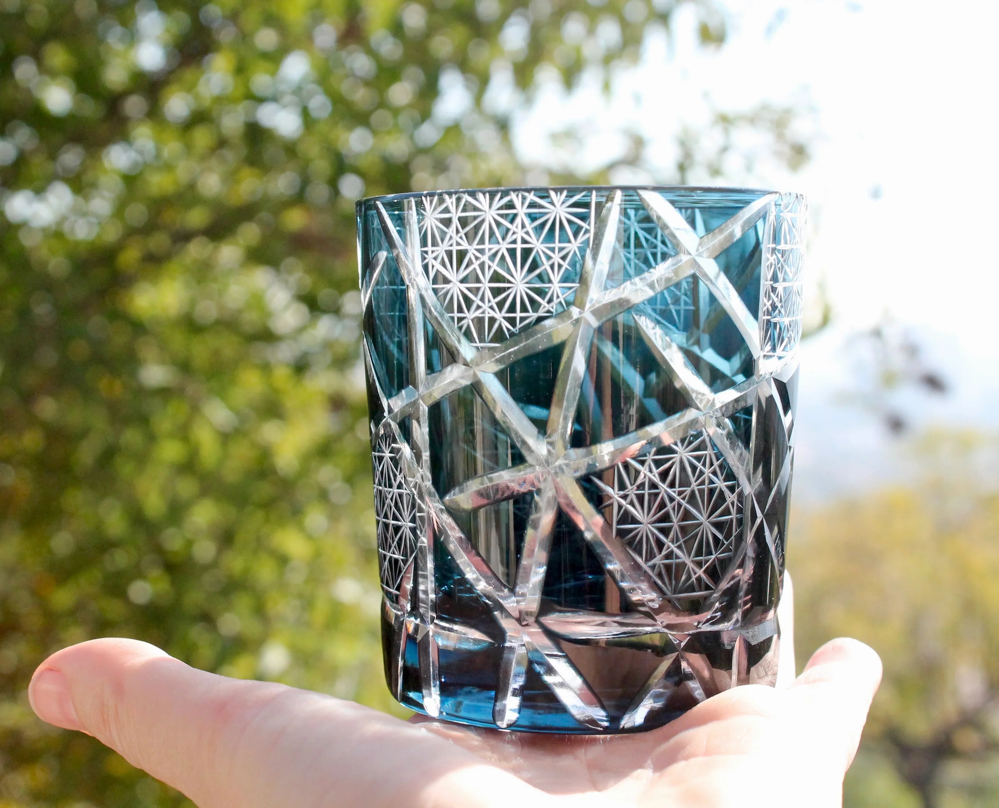 Traditional Japanese Style Crystal Hand Cut Glass in Ink Blue