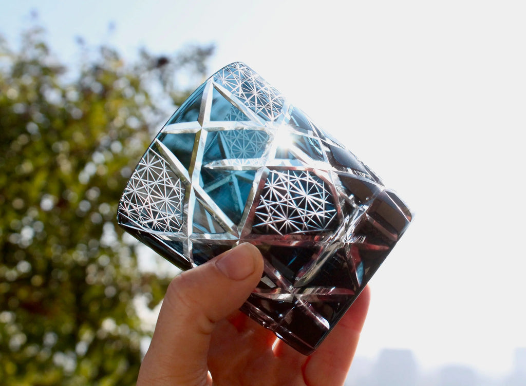 Traditional Japanese Style Crystal Hand Cut Glass in Ink Blue