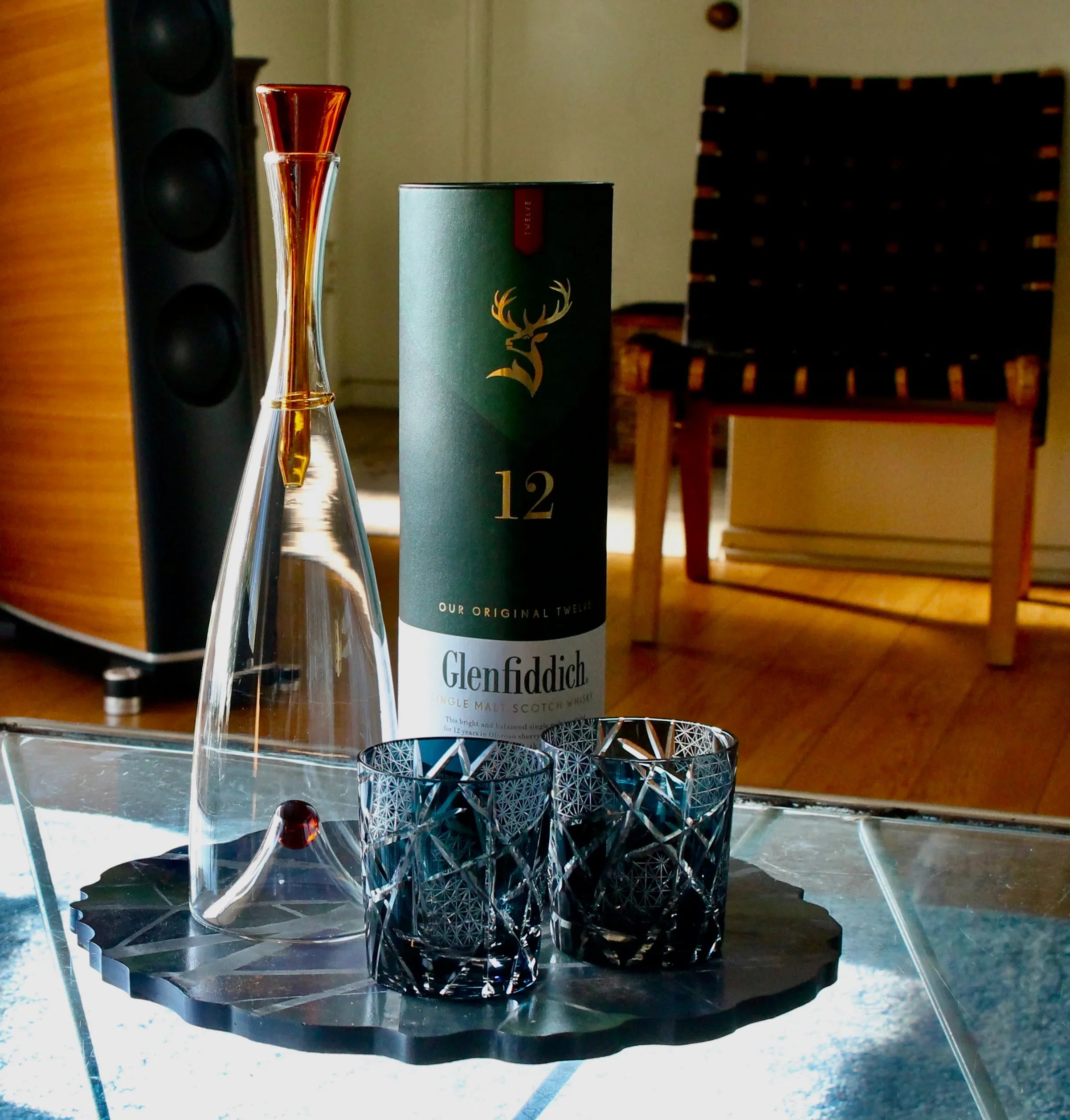 Traditional Japanese Style Crystal Hand Cut Glass in Ink Blue