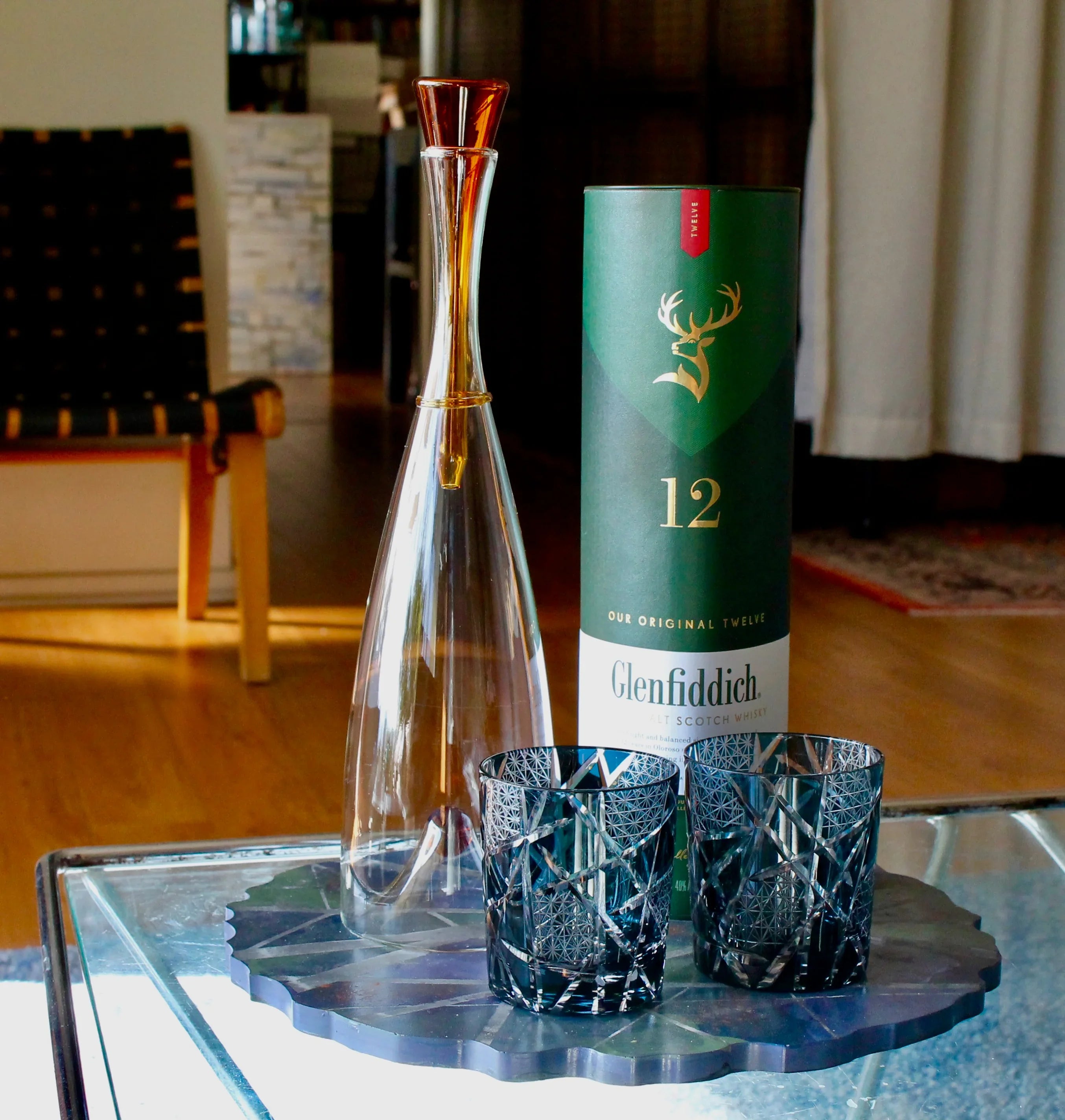 Traditional Japanese Style Crystal Hand Cut Glass in Ink Blue