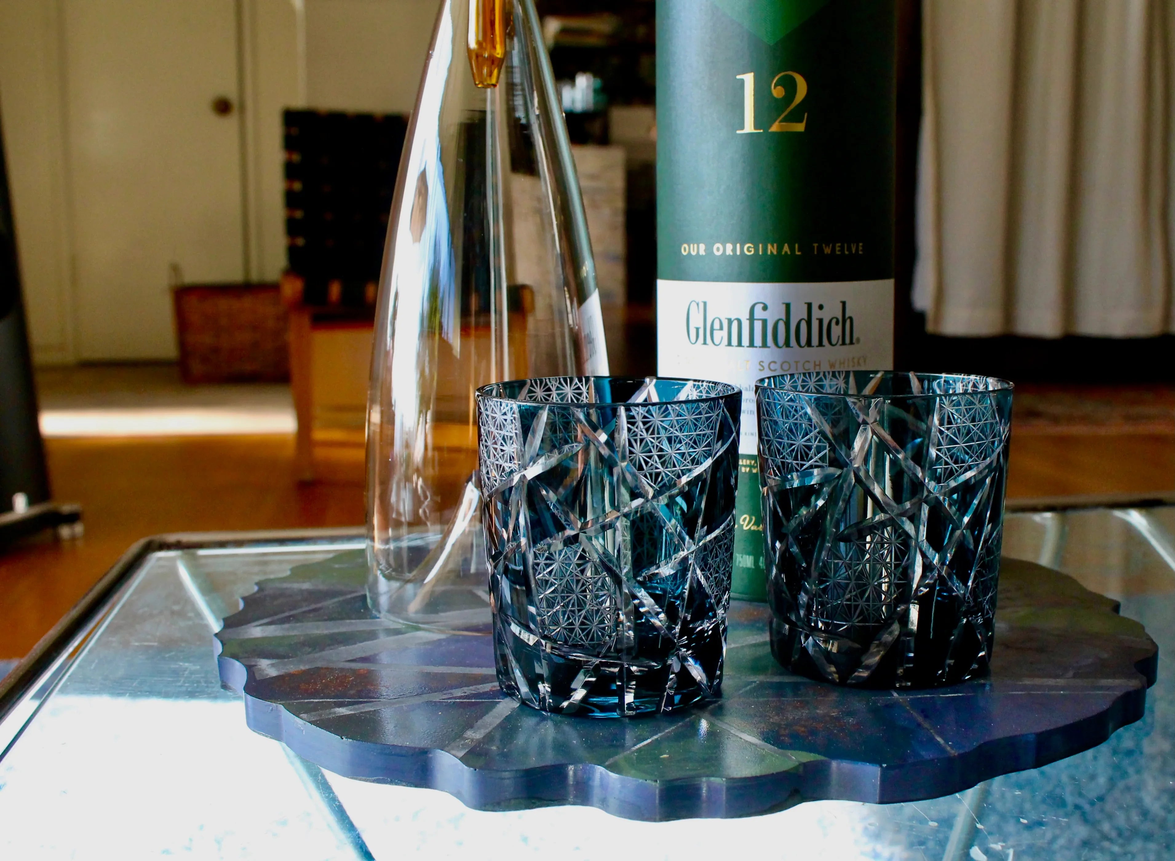 Traditional Japanese Style Crystal Hand Cut Glass in Ink Blue