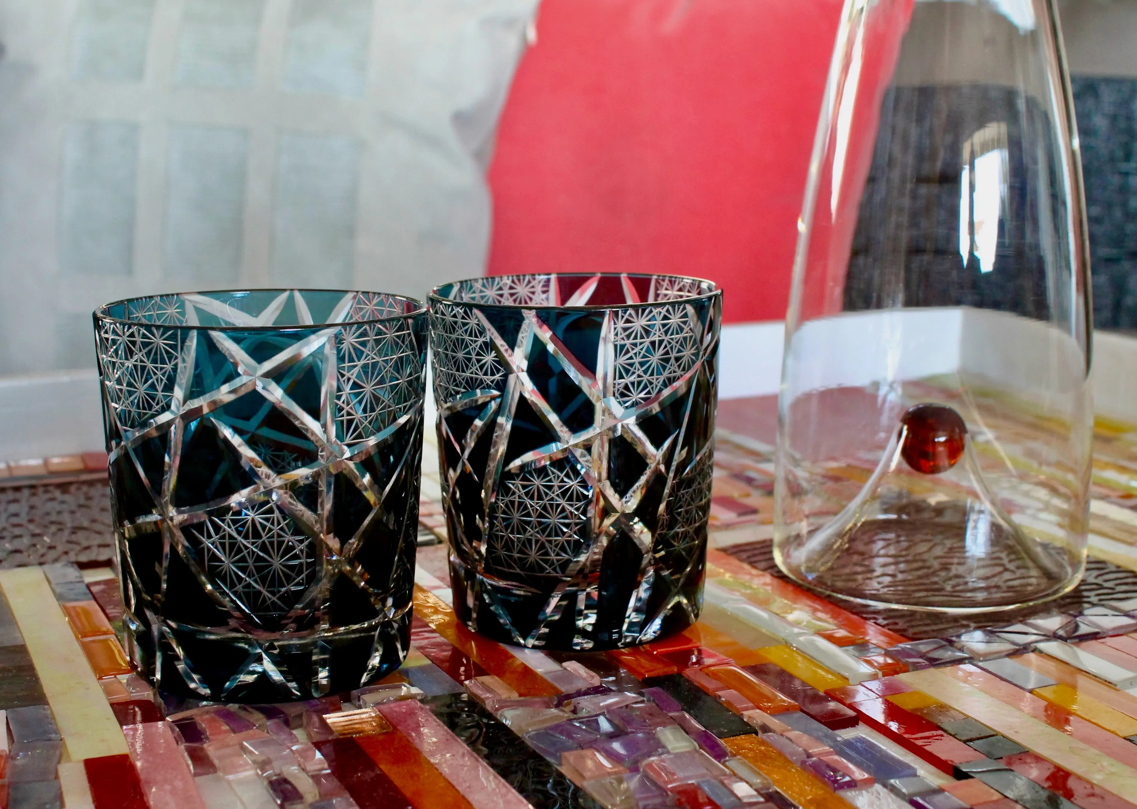 Traditional Japanese Style Crystal Hand Cut Glass in Ink Blue