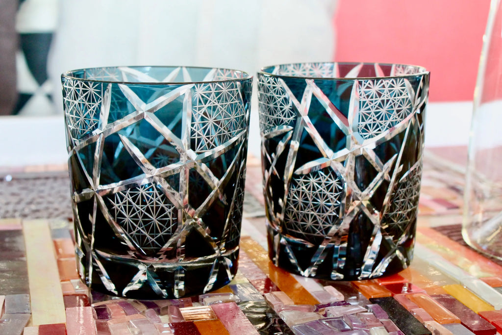 Traditional Japanese Style Crystal Hand Cut Glass in Ink Blue