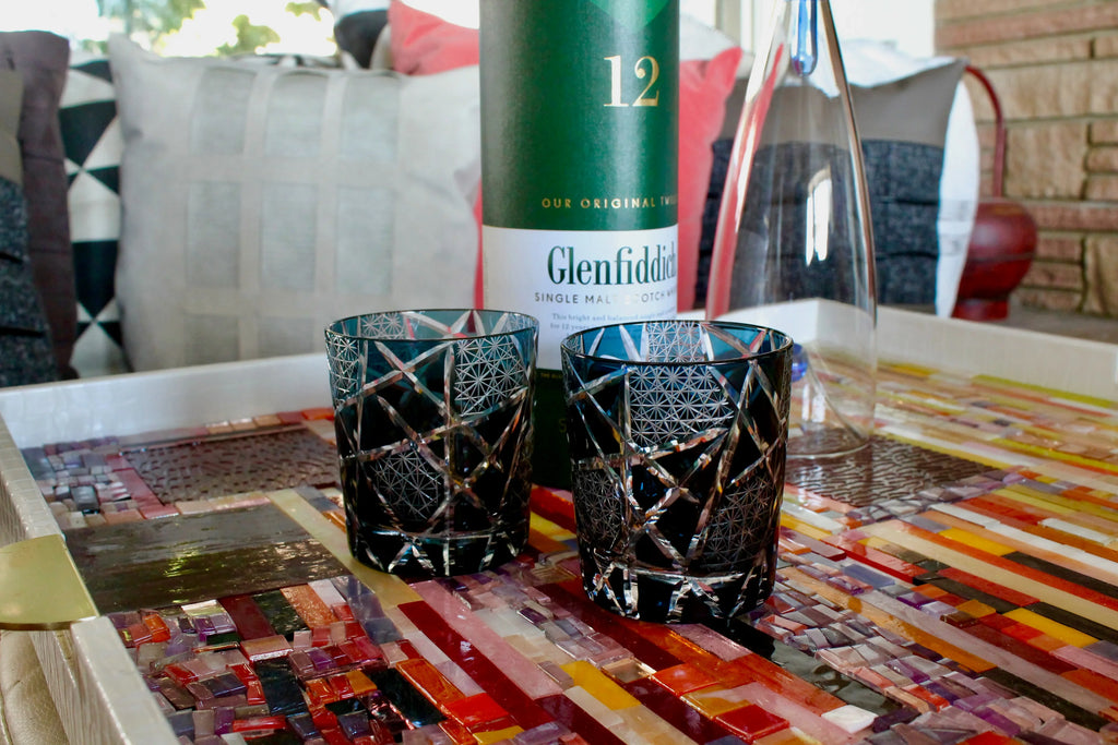 Traditional Japanese Style Crystal Hand Cut Glass in Ink Blue