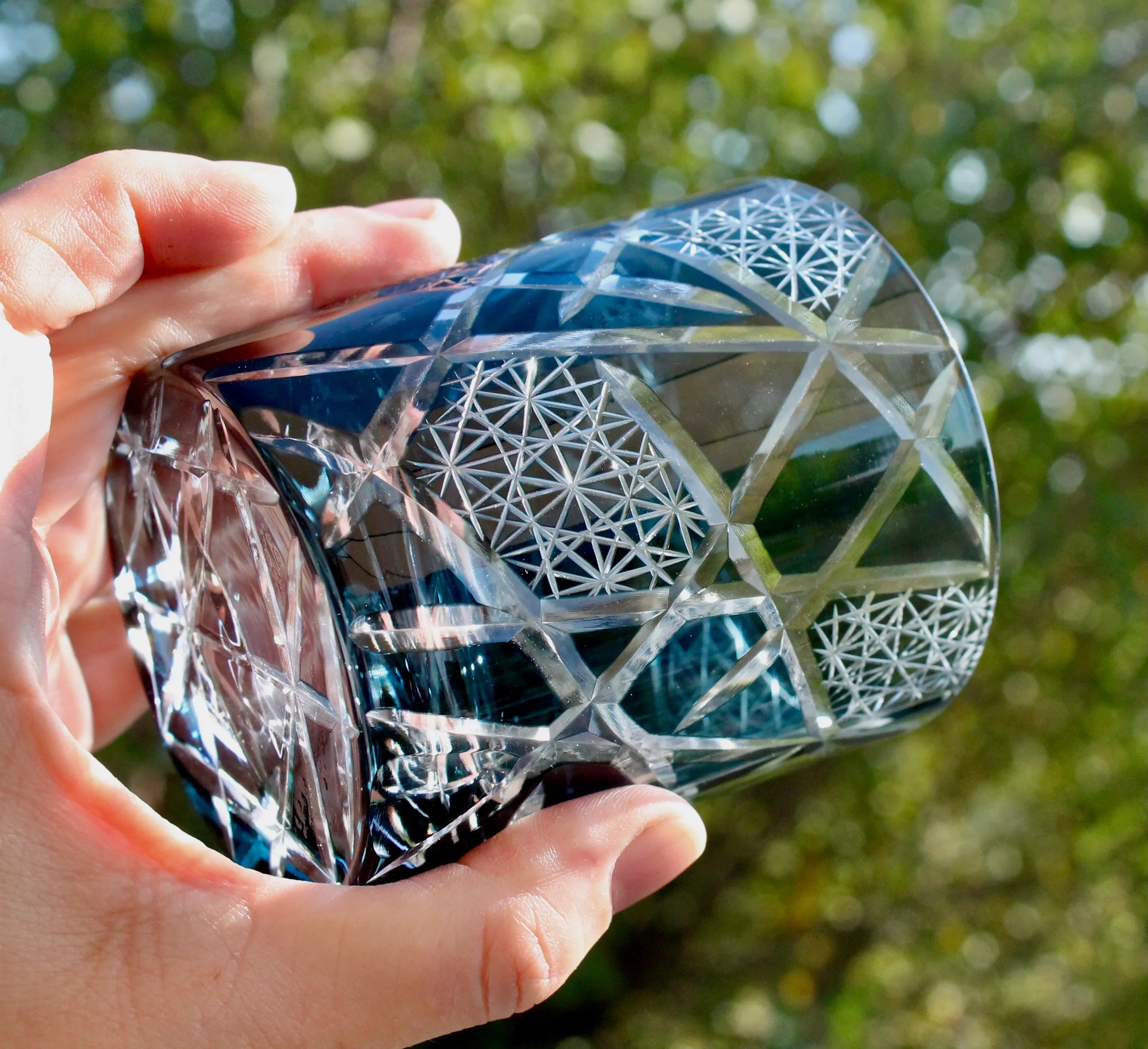 Traditional Japanese Style Crystal Hand Cut Glass in Ink Blue