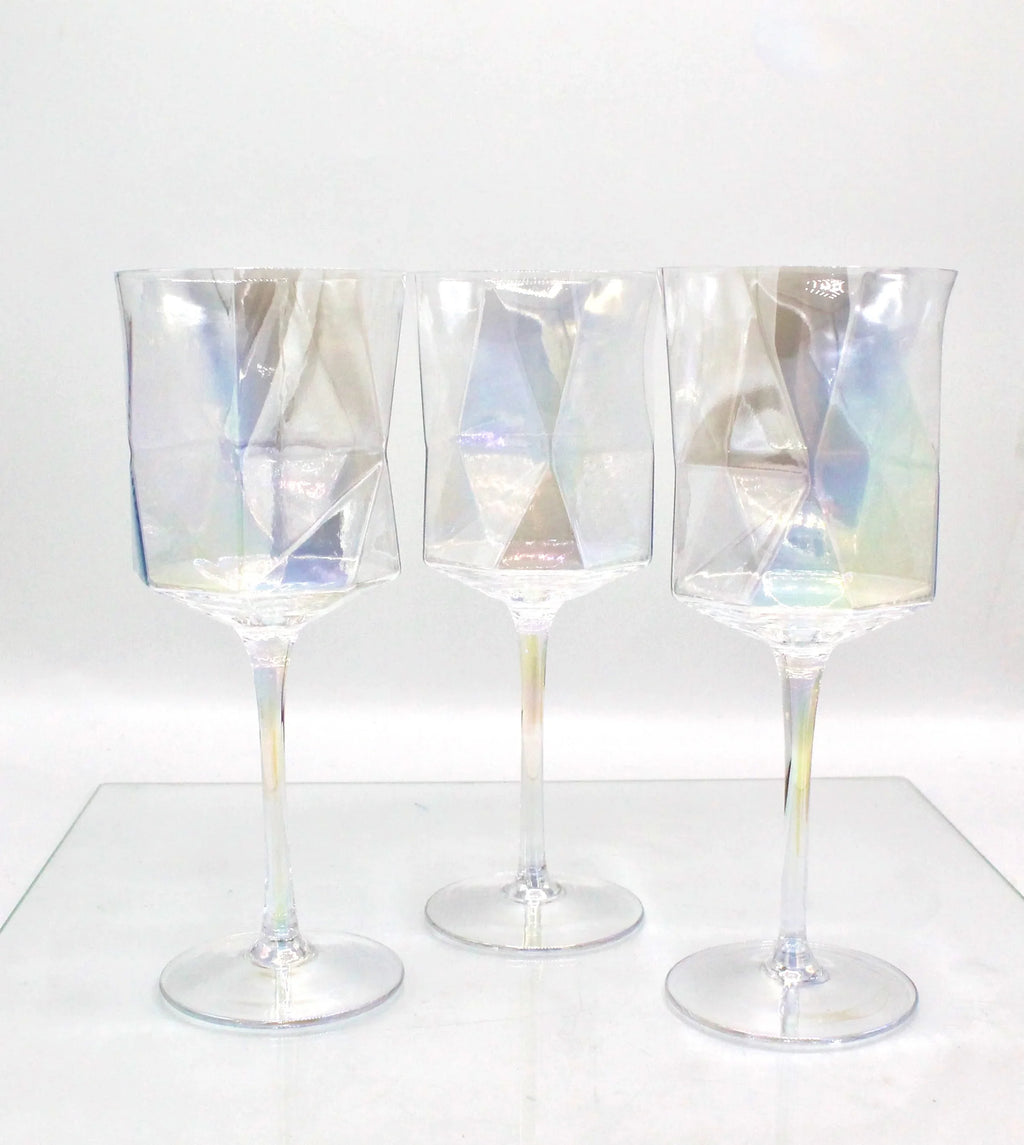 Iridescent Geometric Crystal Wine Glasses Set of 2- Modern Stemware for Elegant Table Decor