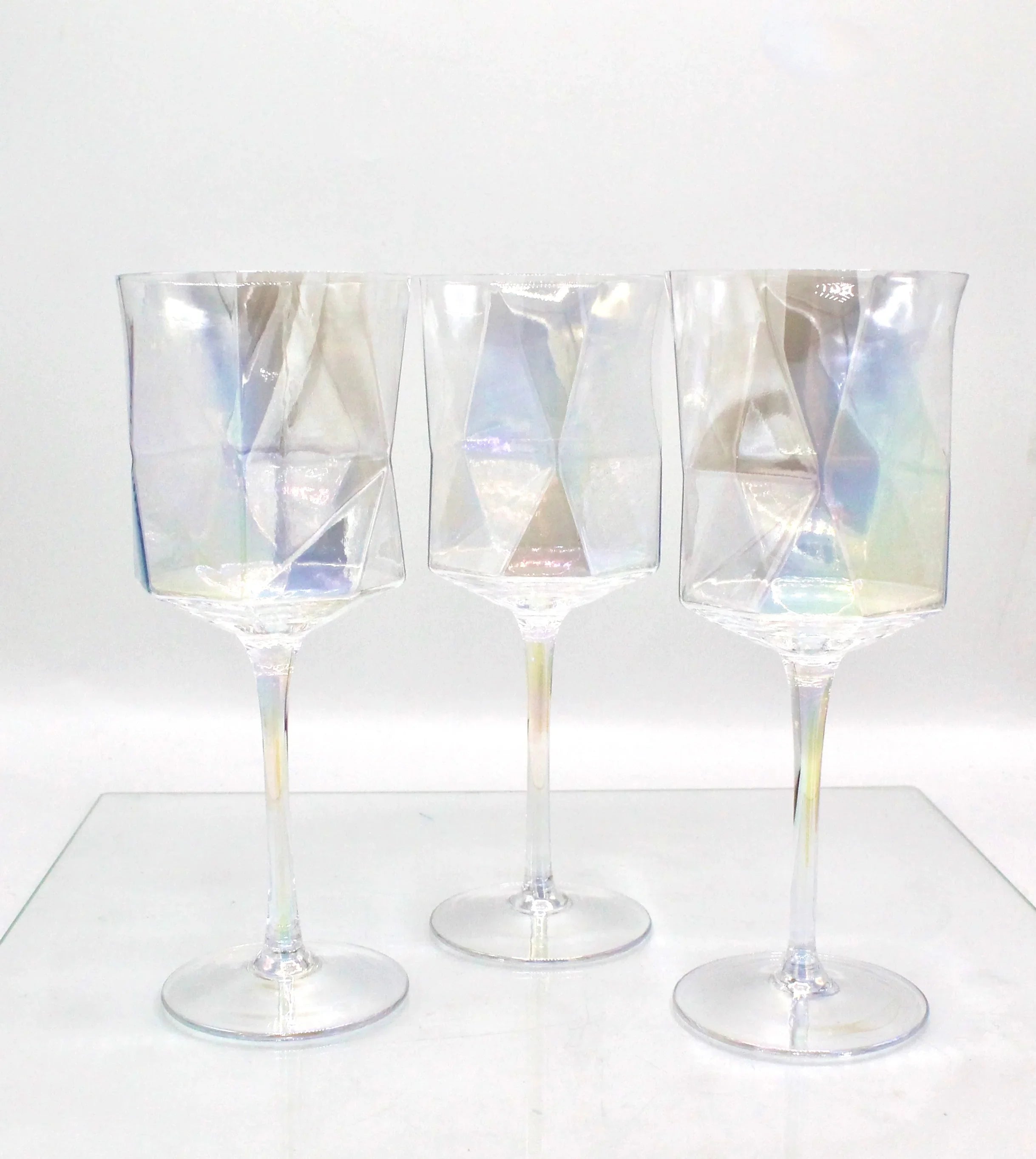 Iridescent Geometric Crystal Wine Glasses Set of 2- Modern Stemware for Elegant Table Decor