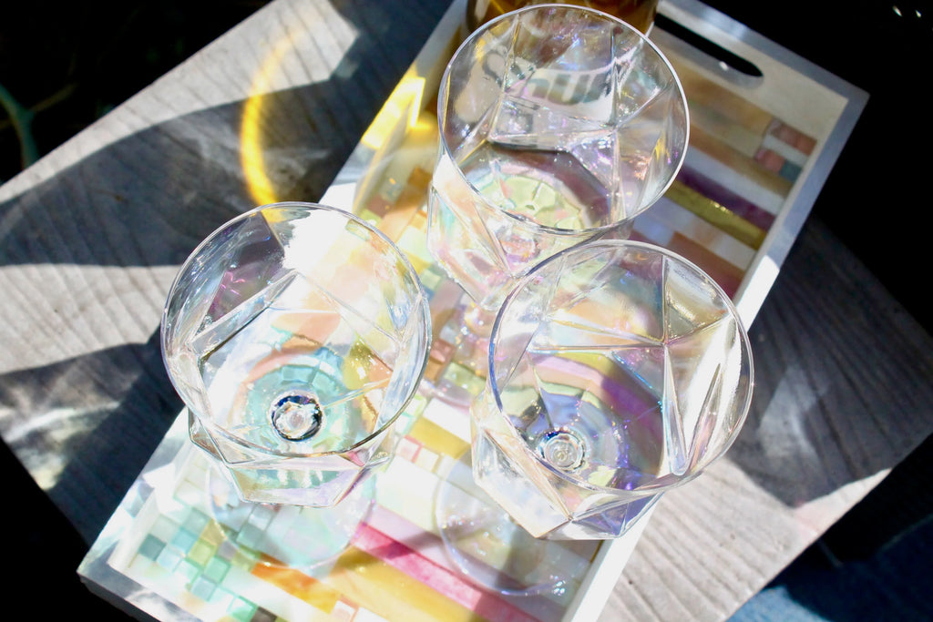 Iridescent Geometric Crystal Wine Glasses Set of 2- Modern Stemware for Elegant Table Decor