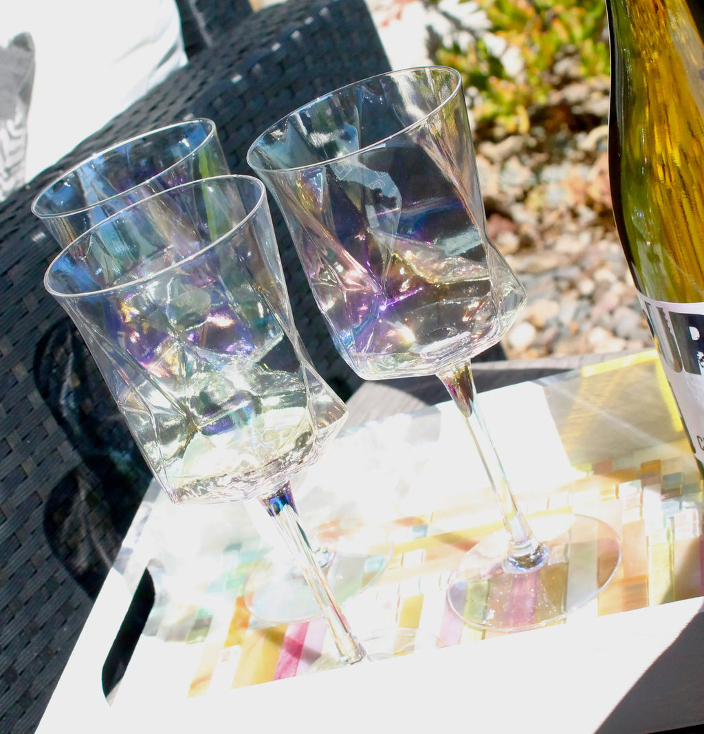 Iridescent Geometric Crystal Wine Glasses Set of 2- Modern Stemware for Elegant Table Decor